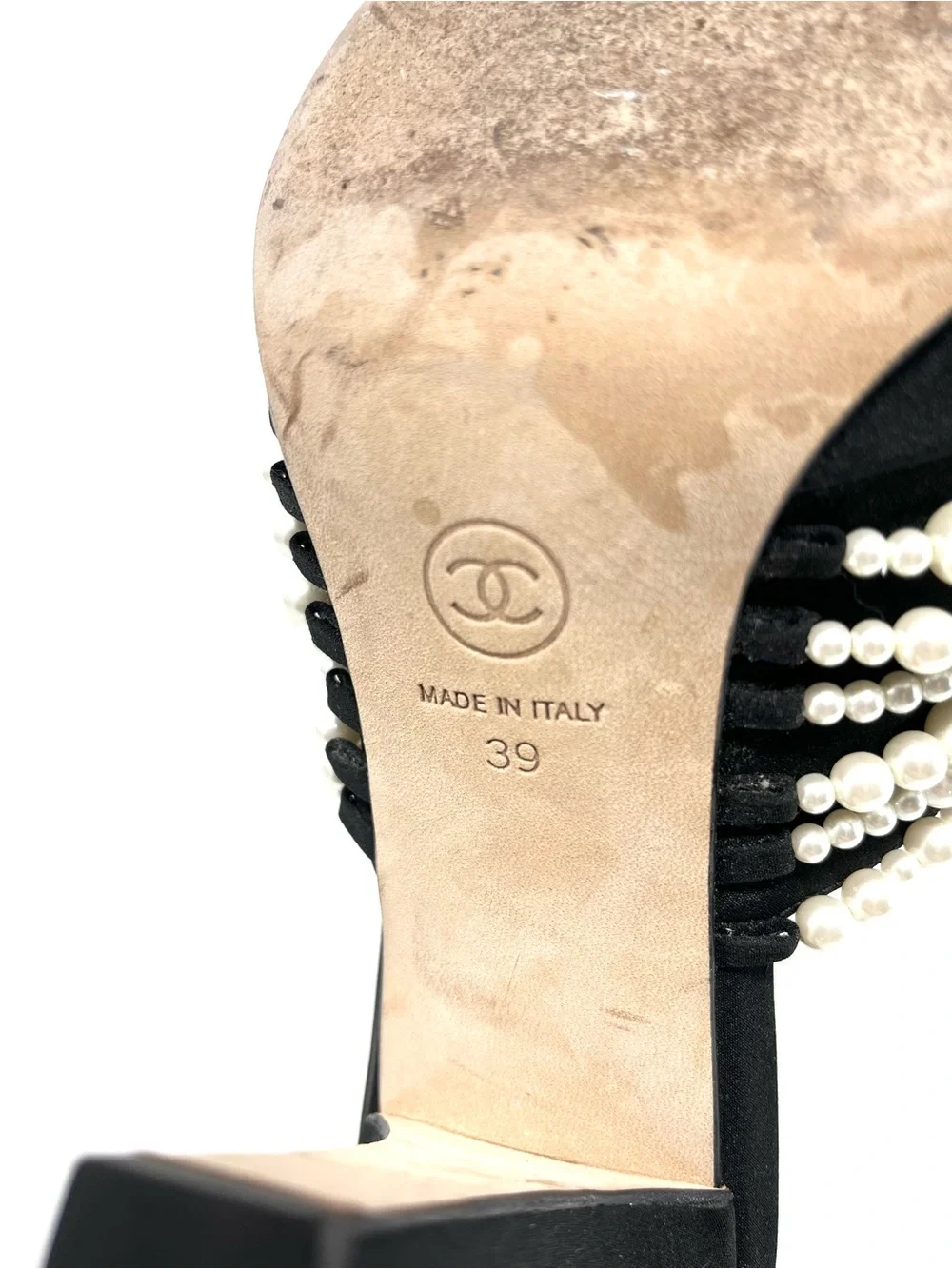 Chanel CC Logo Cap Toe Black Satin With White Pearl Pearls Mules Heels Slides 39